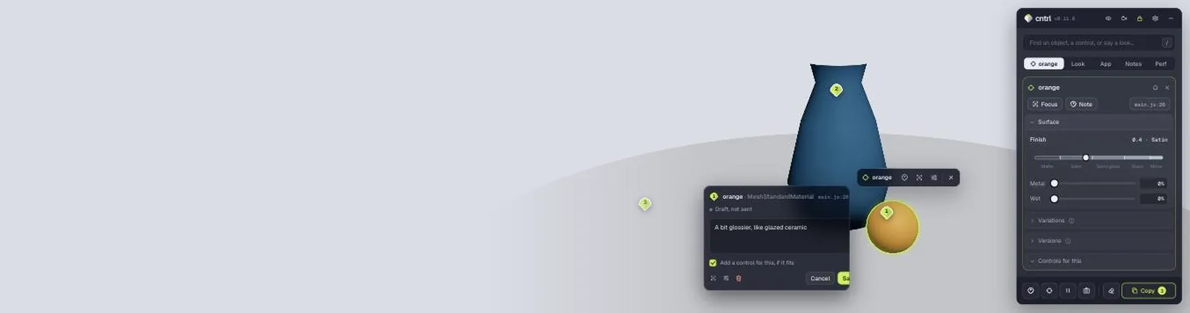 Cntrl in a three.js test scene, two notes pinned and its panel open