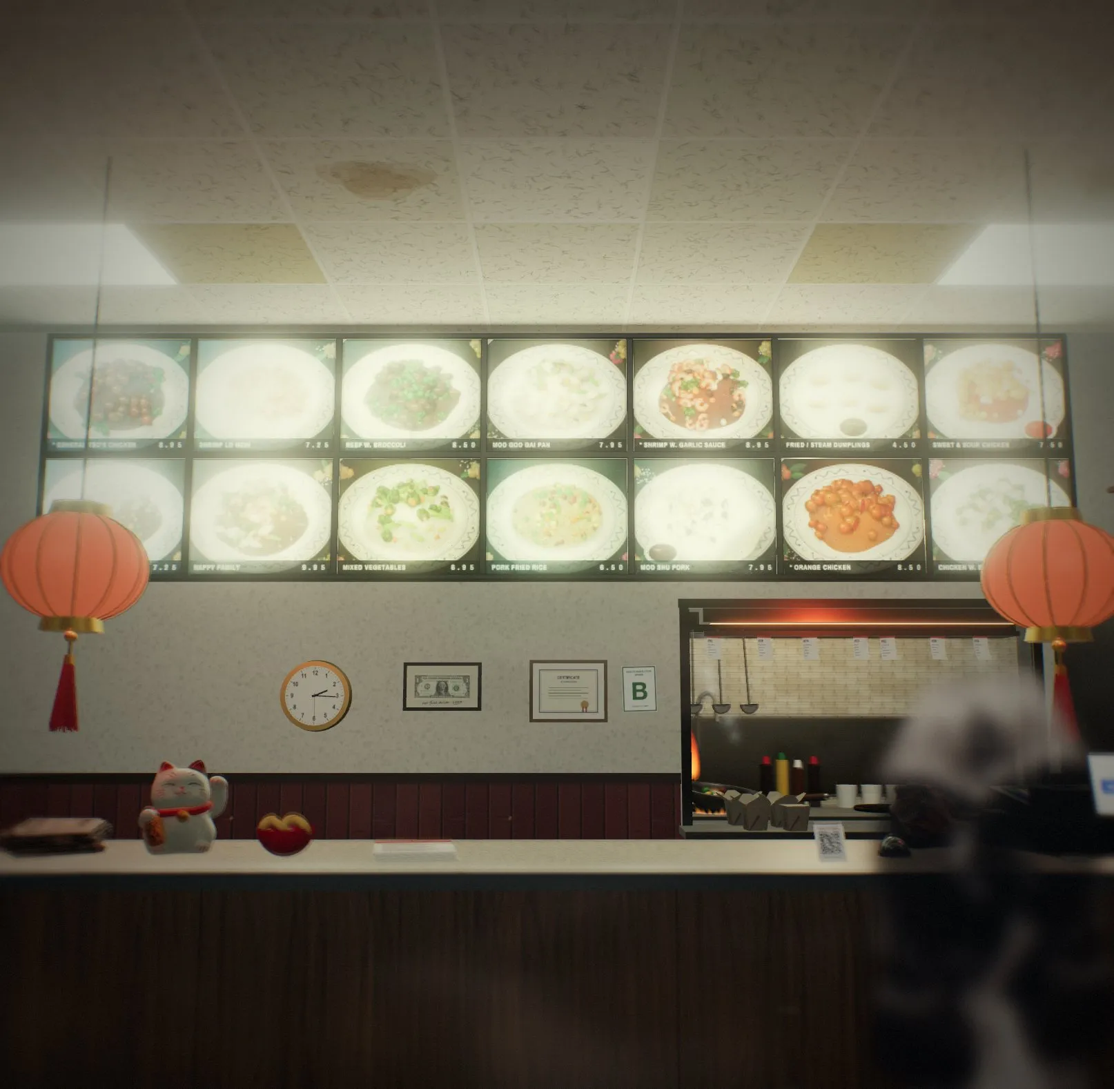 The takeout shop’s menu board, worn in 2026